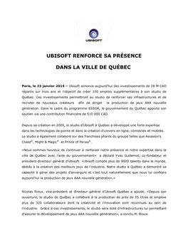 Ubisoft Renforce Sa Présence Dans La Ville De Québec