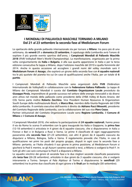 I MONDIALI DI PALLAVOLO MASCHILE TORNANO a MILANO Dal 21 Al 23 Settembre La Seconda Fase Al Mediolanum Forum