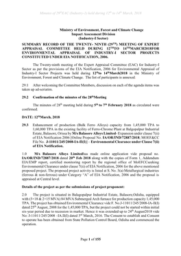 Minutes of 29Theac (Industry-1) Held During 12Th to 14Th March, 2018 Page 1 of 155 Ministry of Environment, Forest and Climate C