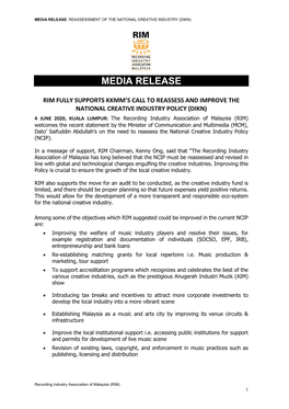 Media Release: Reassessment of the National Creative Industry (Dikn)