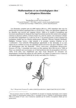 Malformations Et Cas Tératologiques Chez Les Coléoptères Histeridae