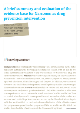 A Brief Summary and Evaluation of the Evidence Base for Narconon As Drug Prevention Intervention