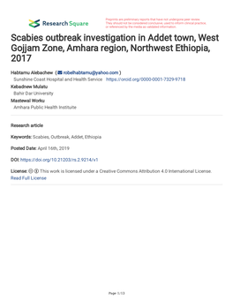 Scabies Outbreak Investigation in Addet Town, West Gojjam Zone, Amhara Region, Northwest Ethiopia, 2017