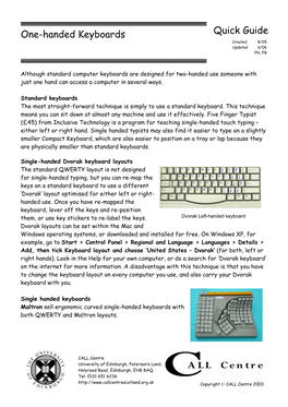 One-Handed Keyboards Quick Guide Created 8/05 Updated 6/06 PN, FB