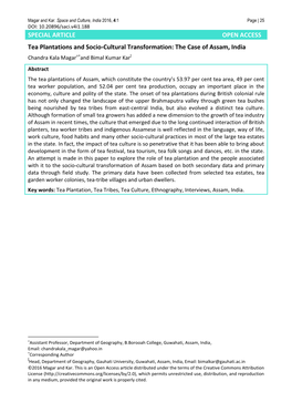 SPECIAL ARTICLE OPEN ACCESS Tea Plantations and Socio-Cultural