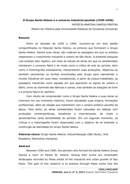 O Grupo Santa Helena E O Universo Industrial Paulista (1930-1940) PATRÍCIA MARTINS SANTOS FREITAS Mestre Em História Pela Universidade Estadual De Campinas (Unicamp)