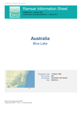 Blue Lake Ramsar Site Is Located Within the Kosciuszko National Park and Has a Total Area of 338 Ha
