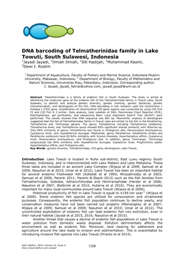DNA Barcoding of Telmatherinidae Family in Lake Towuti, South Sulawesi, Indonesia 1Jayadi Jayadi, 1Ilmiah Ilmiah, 1Siti Hadijah, 1Muhammad Kasnir, 2Dewi I