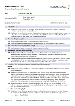 Brooke Weston Trust Trust Handbook: Policies and Procedures