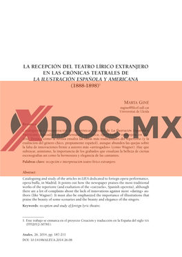 La Recepción Del Teatro Lírico Extranjero En Las Crónicas Teatrales De La Ilustración Española Y Americana (1888-1898)1