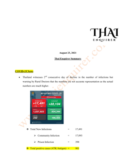 August 23, 2021 Thai Enquirer Summary COVID-19 News
