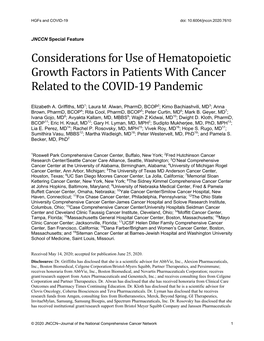 Considerations for Use of Hematopoietic Growth Factors in Patients with Cancer Related to the COVID-19 Pandemic
