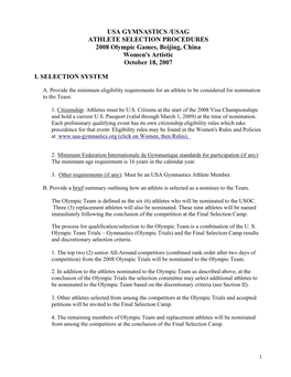 USA GYMNASTICS /USAG ATHLETE SELECTION PROCEDURES 2008 Olympic Games, Beijing, China Women's Artistic October 18, 2007