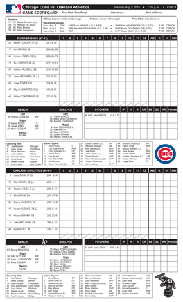 Chicago Cubs Vs. Oakland Athletics Saturday, Aug