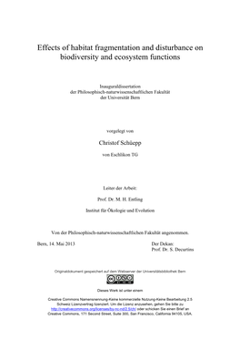 Effects of Habitat Fragmentation and Disturbance on Biodiversity and Ecosystem Functions