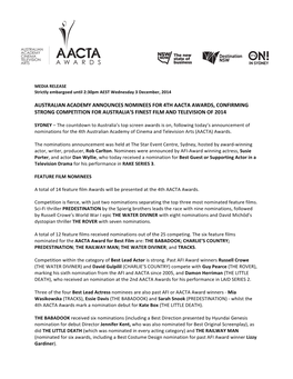 Australian Academy Announces Nominees for 4Th Aacta Awards, Confirming Strong Competition for Australia’S Finest Film and Television of 2014