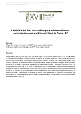 A RODOVIA BR 210: Uma Análise Para O Desenvolvimento Socioeconômico No Município De Serra Do Navio – AP