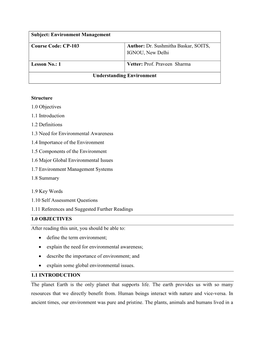 Subject: Environment Management Course Code: CP-103 Author