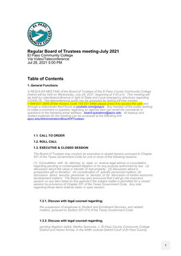 Regular Board of Trustees Meeting-July 2021 Table of Contents