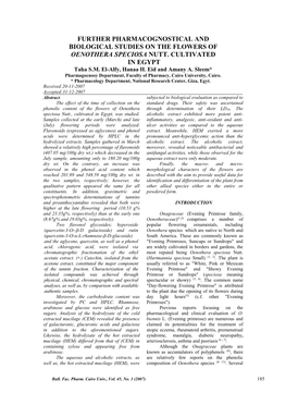 Further Pharmacognostical and Biological Studies on the Flowers of Oenothera Speciosa Nutt