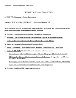 Sustainable Communities Renewal Application CHECKLIST and TABLE of CONTENTS