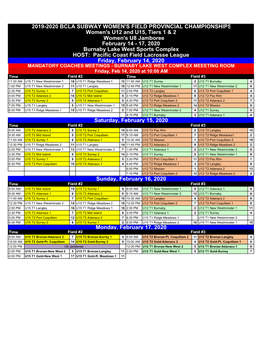 Women's U8 Jamboree Friday, February 14, 2020 2019-2020 BCLA SUBWAY WOMEN's FIELD PROVINCIAL CHAMPIONSHIPS Women's U12 And