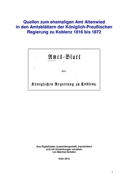 Quellen Zum Ehemaligen Amt Altenwied in Den Amtsblättern Der Königlich-Preußischen Regierung Zu Koblenz 1816 Bis 1872