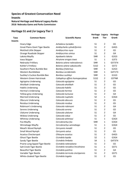 Insects Natural Heritage and Natural Legacy Ranks 2018 Nebraska Game and Parks Commission