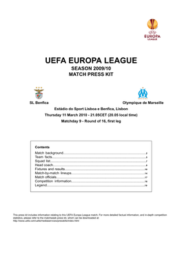 Uefa Europa League Season 2009/10 Match Press Kit