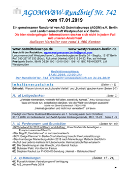 AGOMWBW-Rundbrief Nr. 742 Vom 17.01.2019