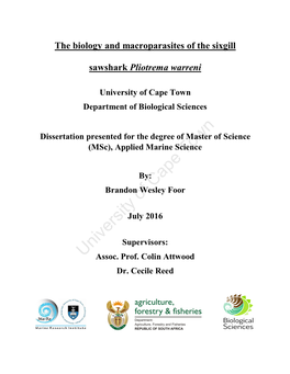 The Biology and Macroparasites of the Sixgill Sawshark Pliotrema Warreni