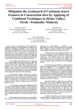 Mitigation the Geohazard of Carbonate Karst Features in Construction Sites by Applying of Combined Techniques in (Kinta Valley) Perak - Peninsular Malaysia