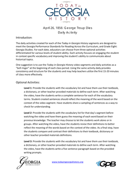 Introduction: Optional Activities: April 26, 1856: George Troup Dies Daily