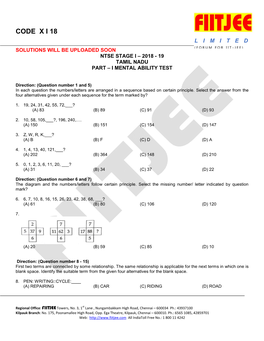 Code X I 18 Limited Solutions Will Be Uploaded Soon (Forum for Iit - Jee) Ntse Stage I – 2018 - 19 Tamil Nadu Part – I Mental Ability Test