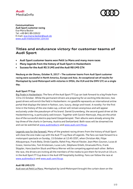 Titles and Endurance Victory for Customer Teams of Audi Sport