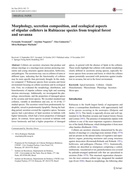 Morphology, Secretion Composition, and Ecological Aspects of Stipular Colleters in Rubiaceae Species from Tropical Forest and Savanna