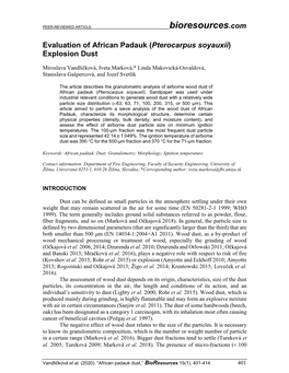 Evaluation of African Padauk (Pterocarpus Soyauxii) Explosion Dust