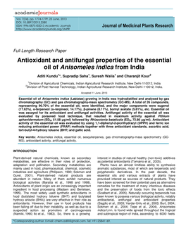 Antioxidant and Antifungal Properties of the Essential Oil of Anisomeles Indica from India