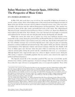 Italian Musicians in Francoist Spain, 1939 Italian Musicians in Francoist Spain, 1939-1945