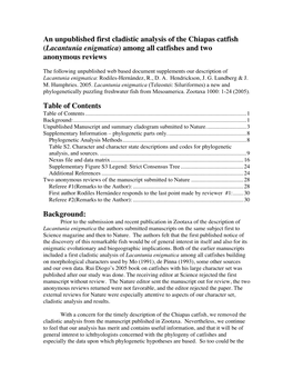 An Unpublished First Cladistic Analysis of the Chiapas Catfish (Lacantunia Enigmatica) Among All Catfishes and Two Anonymous Reviews