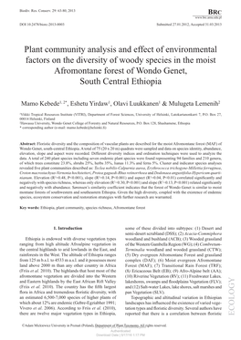Plant Community Analysis and Effect of Environmental Factors on the Diversity of Woody Species in the Moist Afromontane Forest of Wondo Genet, South Central Ethiopia