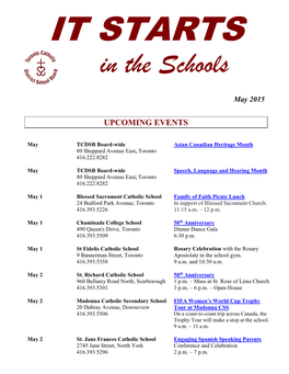 In the Schools May 2015 UPCOMING EVENTS