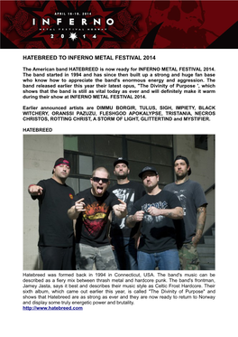 Hatebreed to Inferno Metal Festival 2014