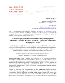 Baltimore Symphony Orchestra and Indianapolis Symphony Orchestra Announce All‐Star Cast for 2013 Symphonic Premiere of Hairspray: in Concert!