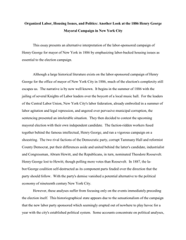 Organized Labor, Housing Issues, and Politics: Another Look at the 1886 Henry George Mayoral Campaign in New York City