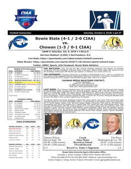 Vs. Chowan (1-3 / 0-1 CIAA) GAME 6: Saturday, Oct