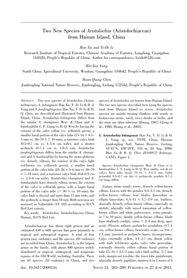 Two New Species of Aristolochia (Aristolochiaceae) from Hainan Island, China