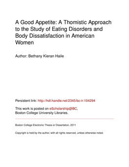A Good Appetite: a Thomistic Approach to the Study of Eating Disorders and Body Dissatisfaction in American Women