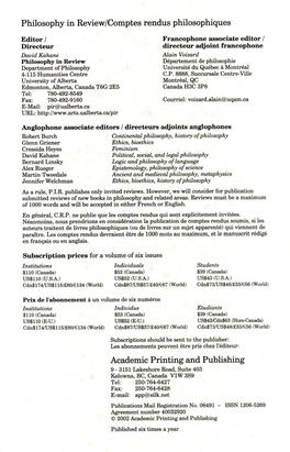 Philosophy in Review/Comptes Rendus Philosophiques Academic