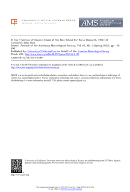 Music at the New School for Social Research, 1926–33 Author(S): Sally Bick Source: Journal of the American Musicological Society, Vol